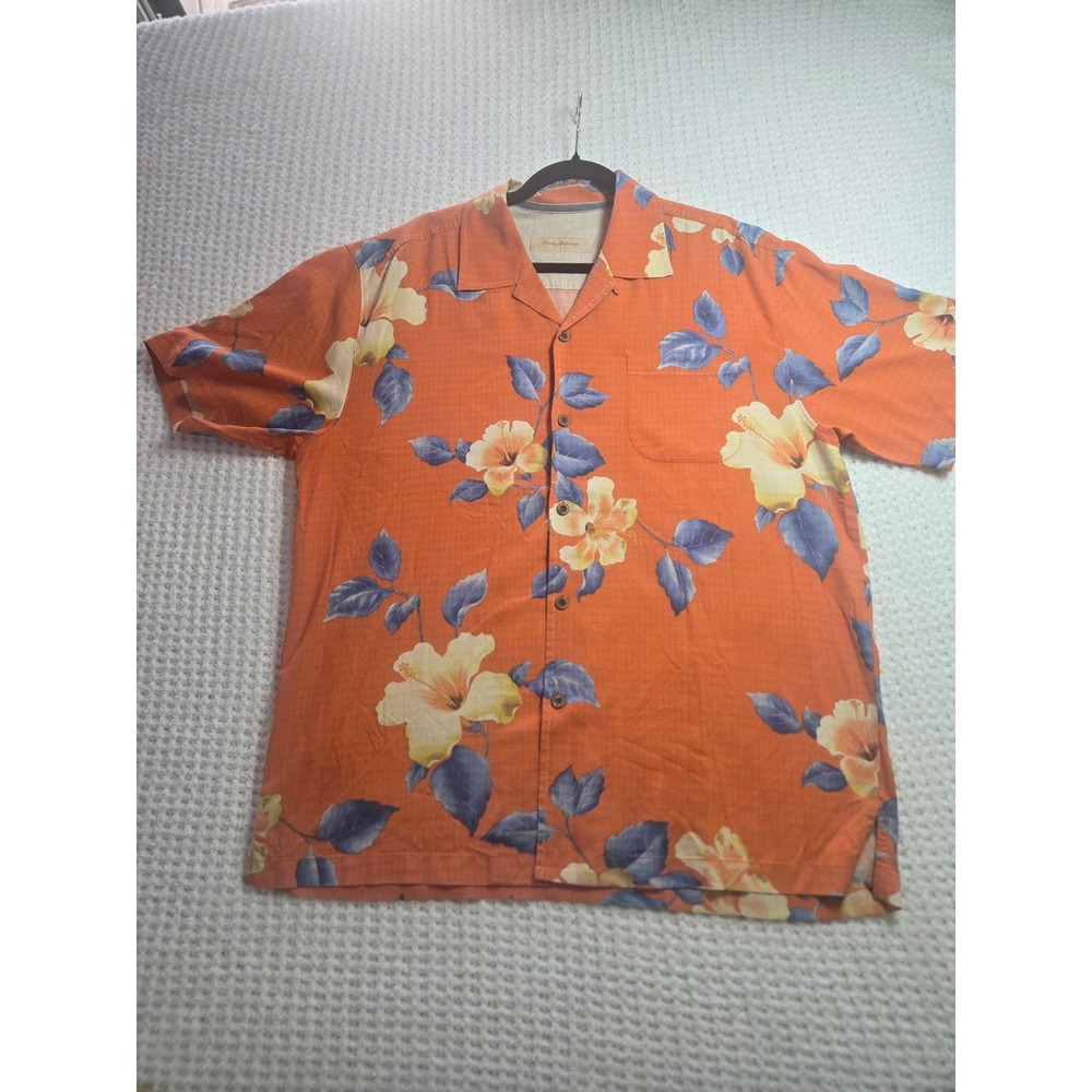 Tommy Bahama Orange Hibiscus Silk Floral Camp Shirt Resortwear Tropical L